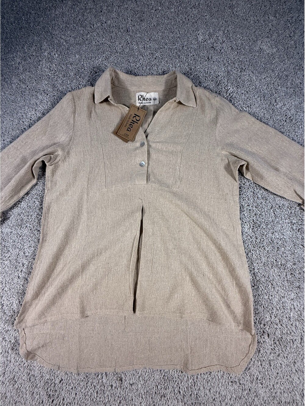 NWT Rhea Women’s Shirt Beige 100% Cotton Roll Tab Sleeves L/XL